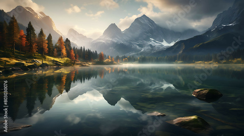 The peaceful solitude of a high-altitude lake nestled among towering mountains  with the early morning mist rising from the surface as the first light of day paints the peaks in warm hues.