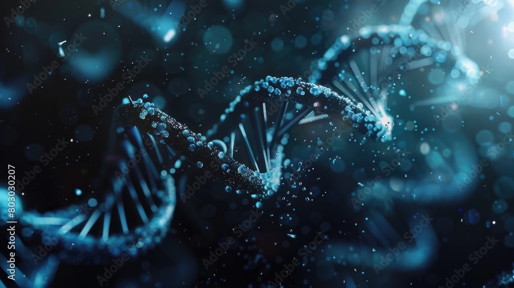 Pink-blue double strand of dna strands on a black background with neon glow.The concept of science and technology. Technology and research. Pink-blue double strand of dna strands on a black background with neon glow.The concept of science and technology. Technology and research.