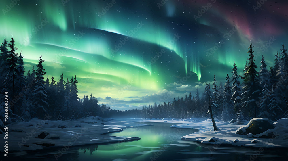 The playful dance of northern lights over a snowy Lapland forest, where the green and pink lights illuminate the snow-covered trees and frozen lakes in a spectacular natural light show.