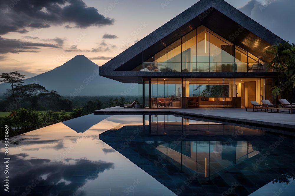 Fototapeta premium Big Luxury House with Exterior Pool and Mountain View at Dusk