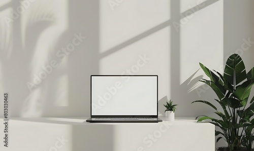 Illustrate a minimalist studio setup highlighting a laptop mockup on a white screen