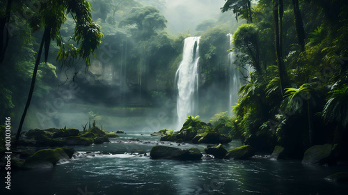 The powerful rush of a high waterfall plunging into a mist-covered pool below, with the lush greenery of the surrounding forest enhanced by the soft, diffused light of an overcast day. photo