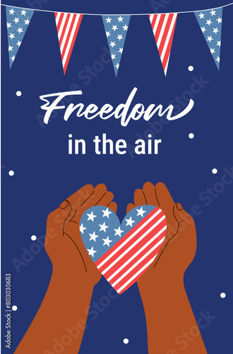Freedom in the air vertical banner for 4th of July. Vector design for Independence day.
