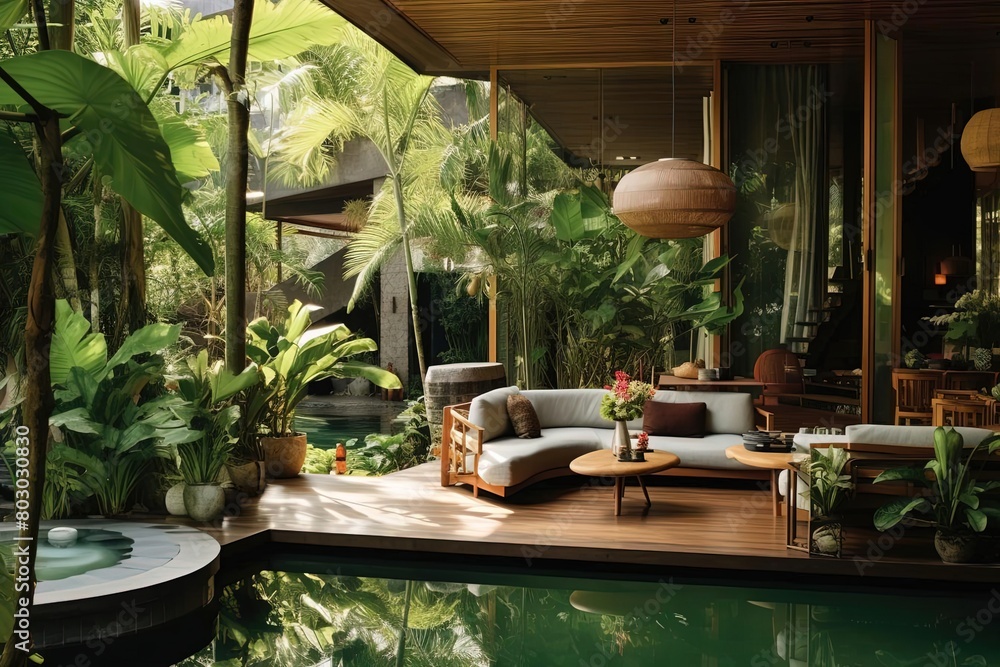 Modern Living Room with Pool and Lush Jungle Background