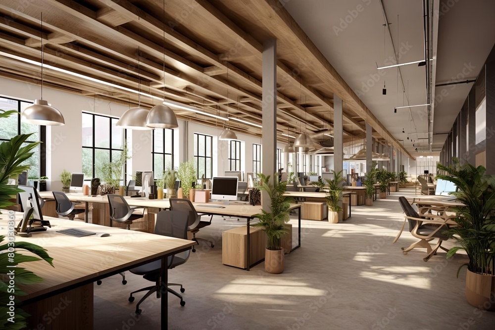 Spacious and Green Co-Working Office with Desks and Plants 