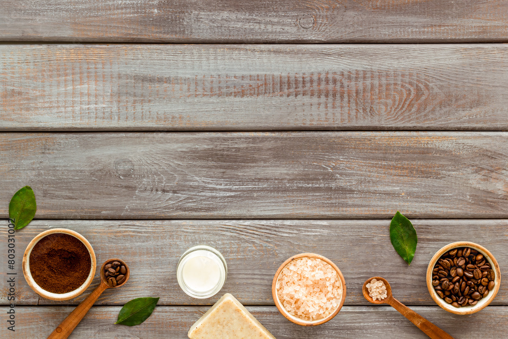 Flat lay of organic spa care cosmetic with coffee soap and scrub Flat lay of organic spa care cosmetic with coffee soap and scrub