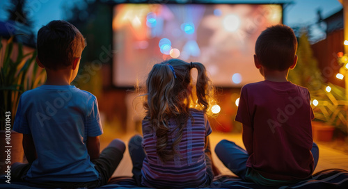 Children were watching a movie on an outdoor projector in the garden at home, sitting together with their parents and enjoying fun moments of family time © Kien