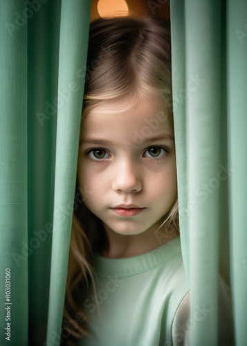 Close-up portrait of a little girl behind a curtain