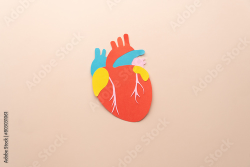 Human heart organ anatomy made from paper on beige background. Template for cardiology, world heart day and organ donation concept. Awareness of cardiovascular disease.
