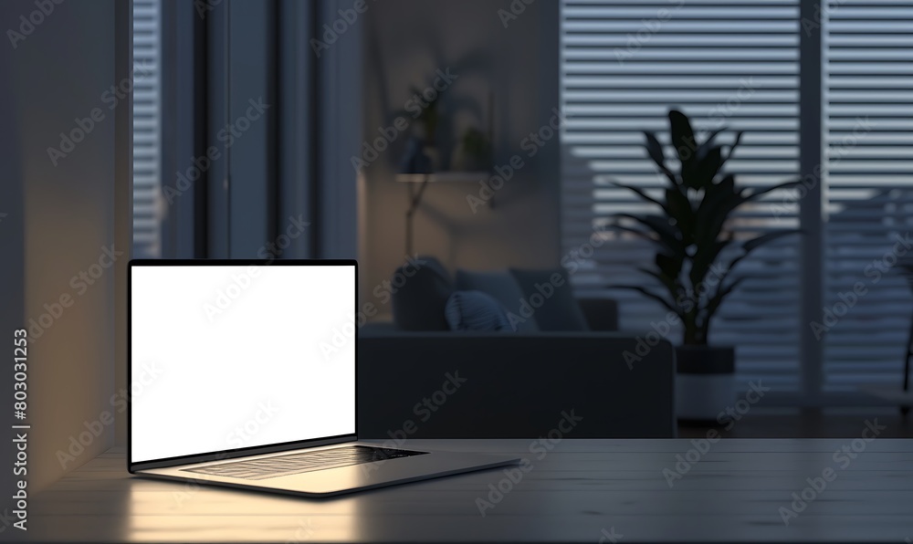 minimalist room with a sleek laptop mockup glowing against a white screen minimalist room with a sleek laptop mockup glowing against a white screen