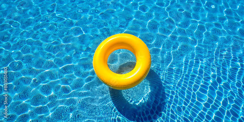 yellow swimming pool ring floating in calm blue water. 