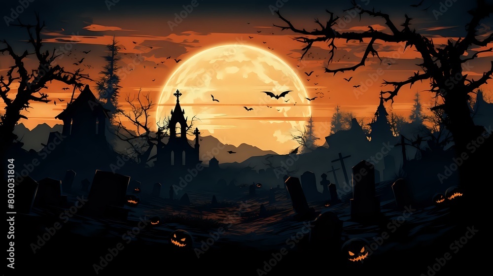 Eerie Gothic Cemetery: Halloween Graveyard Silhouette Background