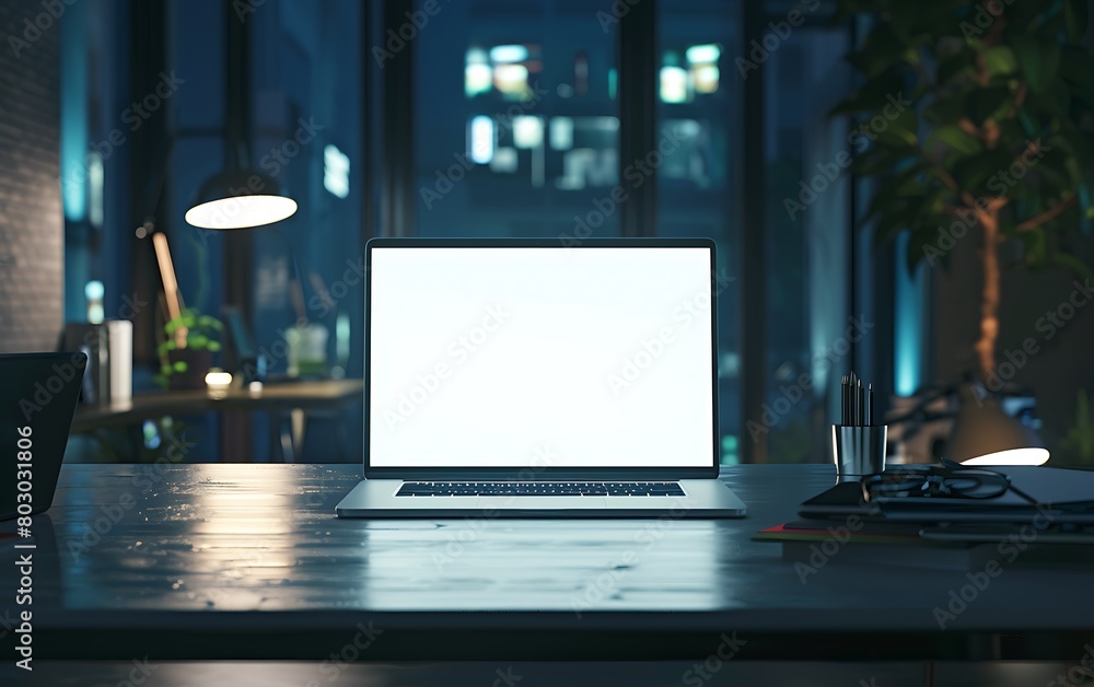 office scene with a modern laptop glowing on a sleek white screen office scene with a modern laptop glowing on a sleek white screen