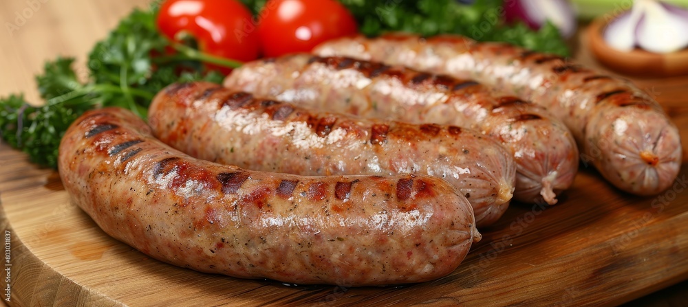 Grilled pork sausage with a variety of freshly grilled vegetables on a rustic wooden serving board Grilled pork sausage with a variety of freshly grilled vegetables on a rustic wooden serving board