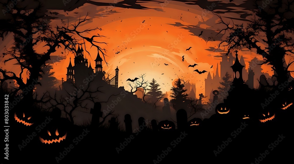 Dark Foggy Churchyard: Halloween Graveyard Silhouette Scene
