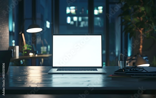 office scene with a modern laptop glowing on a sleek white screen