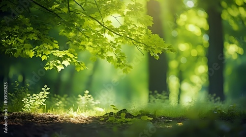 "Sunshine in the Woods: Green Forest Texture with Sunny Branches",