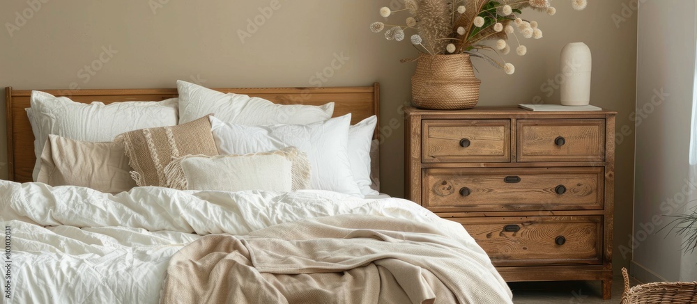 Pillows and a blanket are placed on the cabinet in a khaki bedroom that features wooden furniture, with a white pillow on the bed. Pillows and a blanket are placed on the cabinet in a khaki bedroom that features wooden furniture, with a white pillow on the bed.