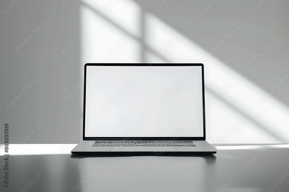 studio mockup with a minimalist laptop against a bright white screen backdrop studio mockup with a minimalist laptop against a bright white screen backdrop