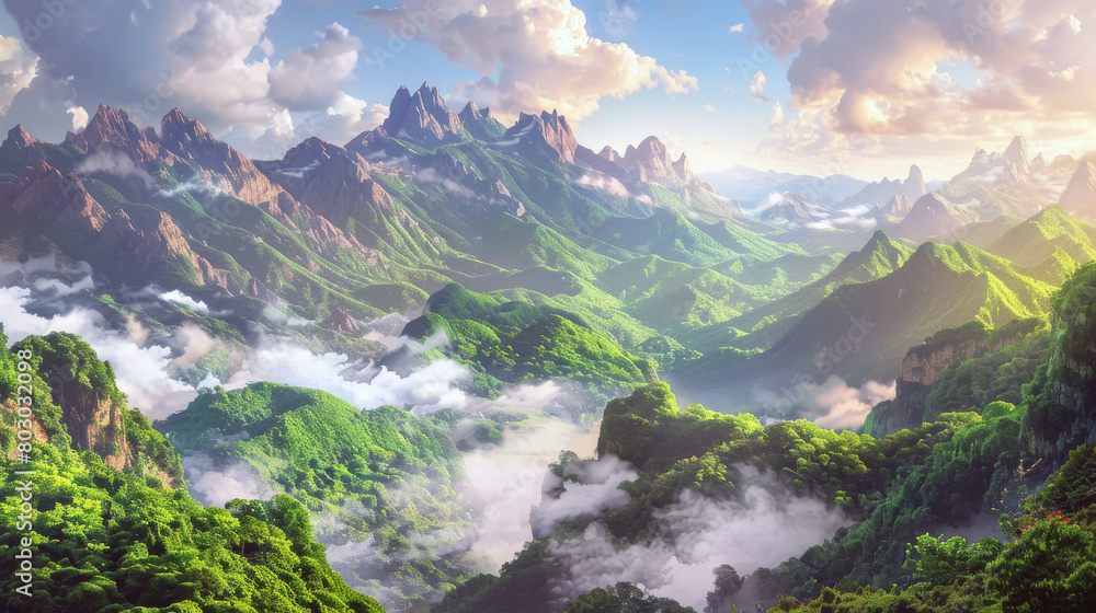 Ethereal Anime Landscape Serenity Amongst Peaks