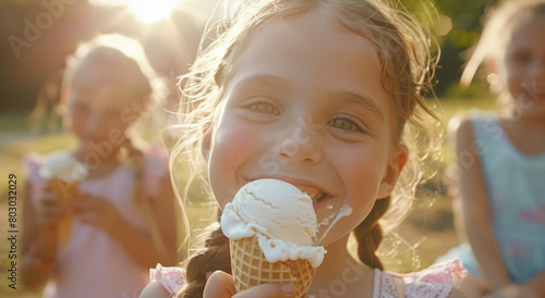 group of happy kids eating ice cream in the park