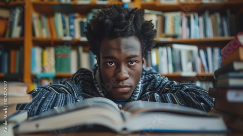 Naklejka Young Man Studying Intensely in Library 