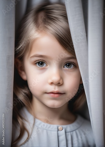 Close-up portrait of a little girl behind a curtain