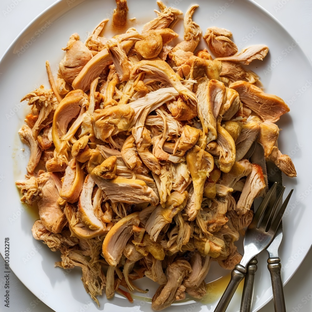 a pile of soft, flavorful, slow-cooked pulled pork in white plate
