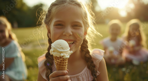 group of happy kids eating ice cream in the park