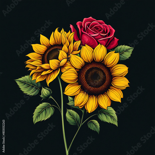 Sunflowers and a rose on black background