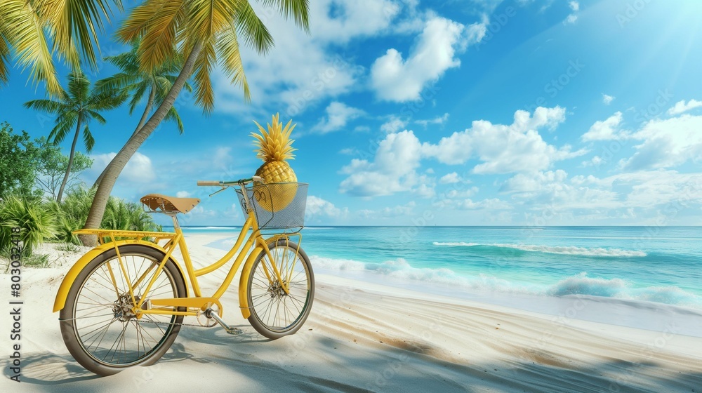 Fototapeta premium Yellow bicycle with pineapple basket on tropical beach.