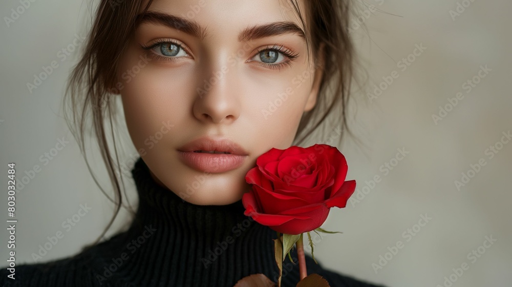 Portrait of a young woman holding a red rose. Portrait of a young woman holding a red rose.