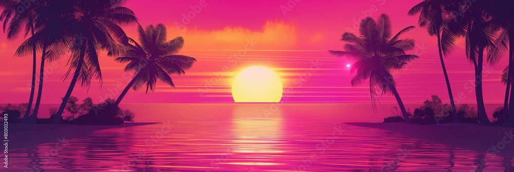 Tropical sunset with palm trees and ocean view in vibrant pink tones. Tropical sunset with palm trees and ocean view in vibrant pink tones.