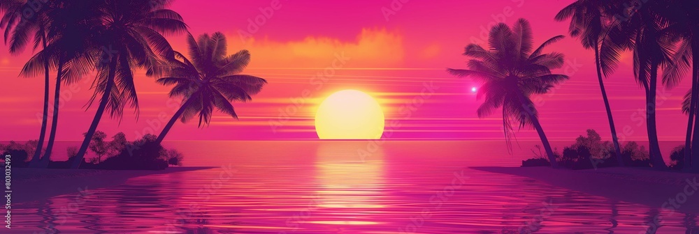 Tropical sunset with palm trees and ocean view in vibrant pink tones.