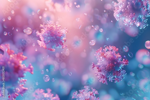 Virus particles in pink and blue, with a dreamy underwater effect