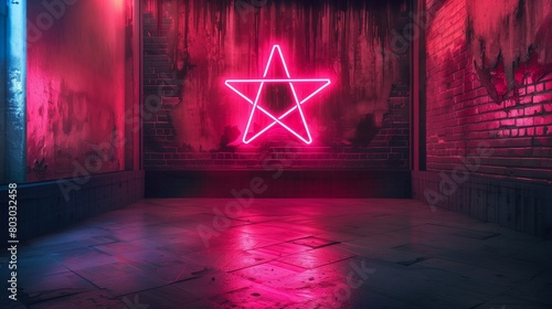 Neon Star Symbol on dark wall background photo