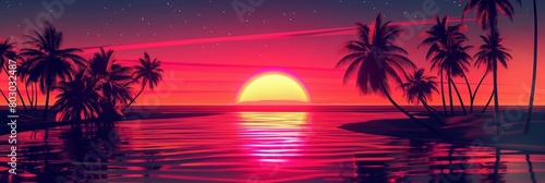 Tropical sunset with palm trees and ocean view in vibrant pink tones.