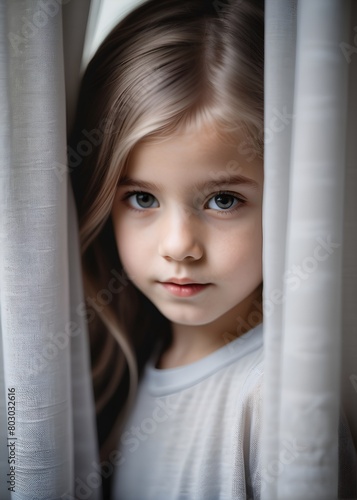 Close-up portrait of a little girl behind a curtain
