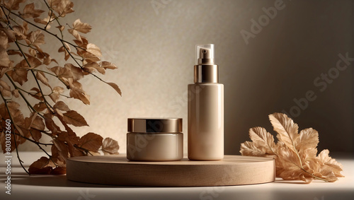 Cosmetic background. Containers for cosmetic bottles with plant leaves and hard shadows