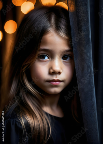 Close-up portrait of a little girl behind a curtain