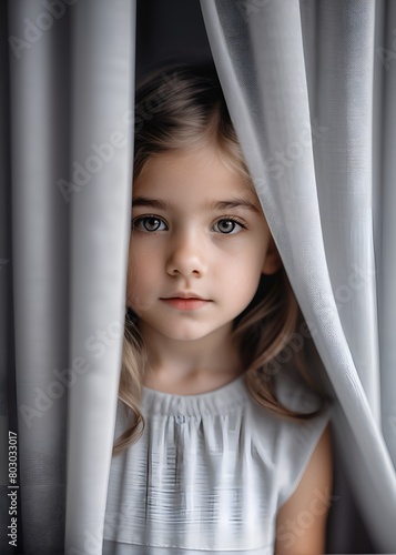 Close-up portrait of a little girl behind a curtain