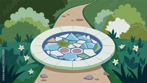 A mosaic stepping stone made from broken kitchen plates adding a unique touch to a garden path.. Vector illustration