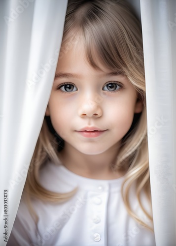 Close-up portrait of a little girl behind a curtain