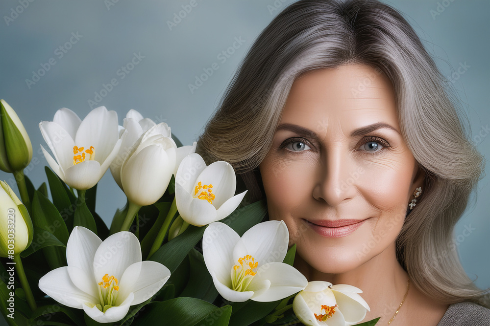 Happy Mother's Day. Portrait of a beautiful mature woman with a bouquet of flowers in her hands. Happy Mother's Day. Portrait of a beautiful mature woman with a bouquet of flowers in her hands.