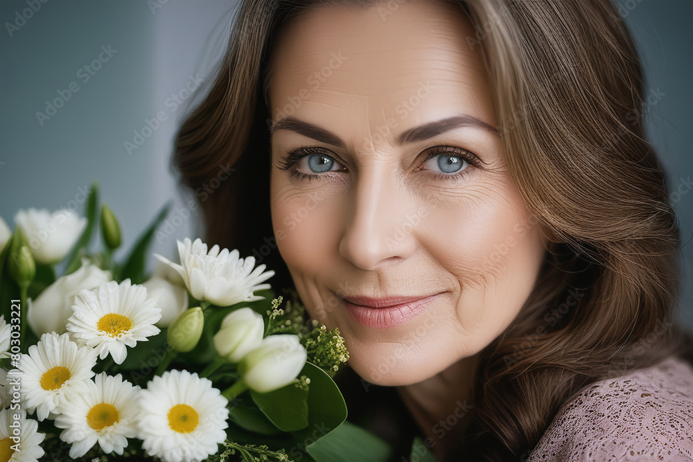 Happy Mother's Day. Portrait of a beautiful mature woman with a bouquet of flowers in her hands. Happy Mother's Day. Portrait of a beautiful mature woman with a bouquet of flowers in her hands.