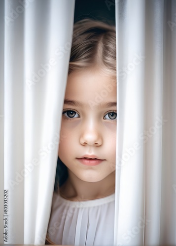 Close-up portrait of a little girl behind a curtain