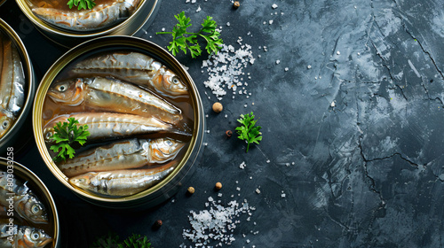 Board of canned smoked sprats photo