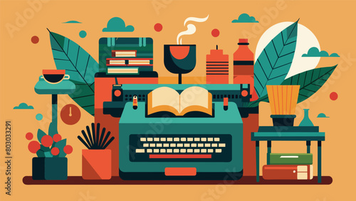 A writers paradise decorated with a variety of vintage typewriters inviting creativity and imagination.. Vector illustration