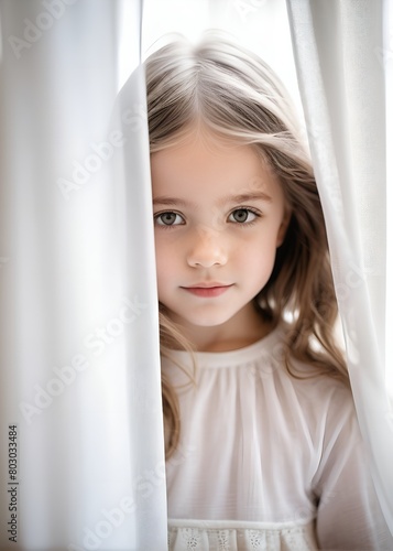 Close-up portrait of a little girl behind a curtain