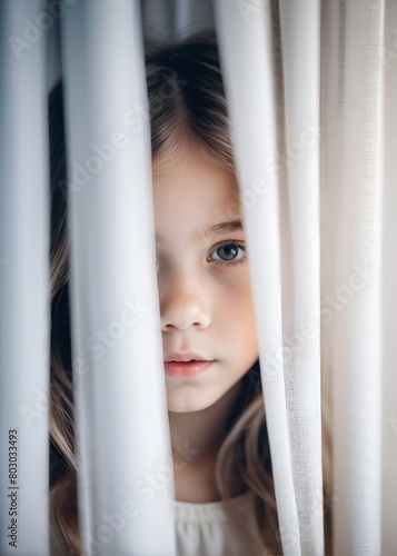 Close-up portrait of a little girl behind a curtain